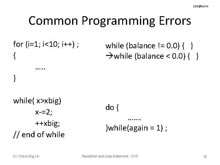 CSIE@NUTN Common Programming Errors for (i=1; i<10; i++) ; { …. . } while(