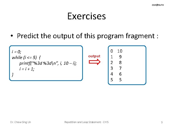 CSIE@NUTN Exercises • Predict the output of this program fragment : i = 0;