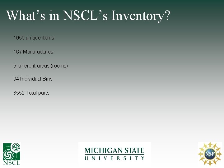 What’s in NSCL’s Inventory? 1059 unique items 167 Manufactures 5 different areas (rooms) 94