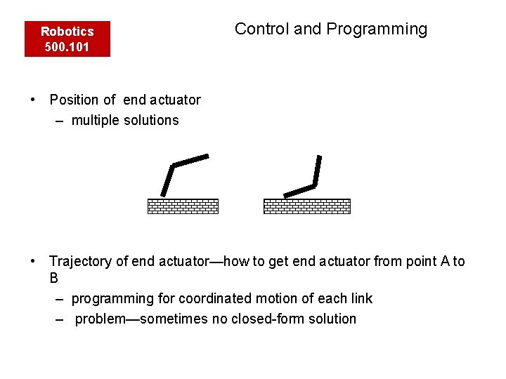 Robotics 500. 101 Control and Programming • Position of end actuator – multiple solutions