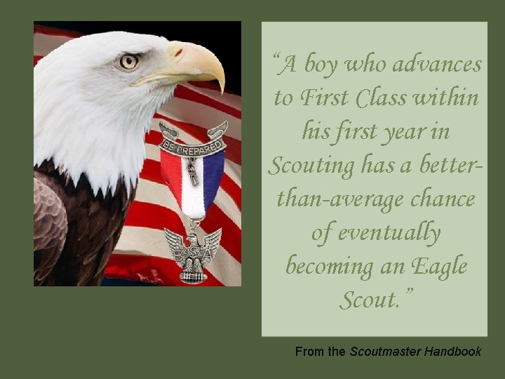 “A boy who advances to First Class within his first year in Scouting has