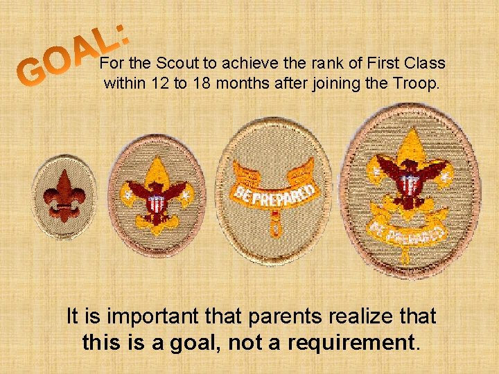 For the Scout to achieve the rank of First Class within 12 to 18