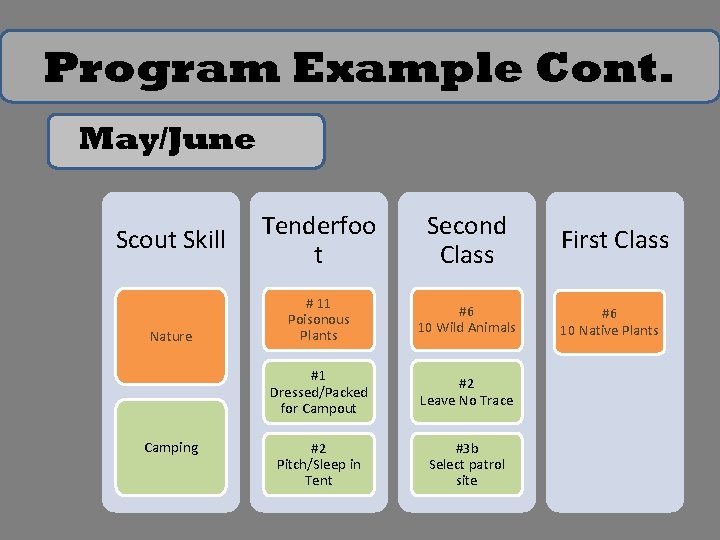Program Example Cont. May/June Scout Skill Nature Camping Tenderfoo t Second Class # 11