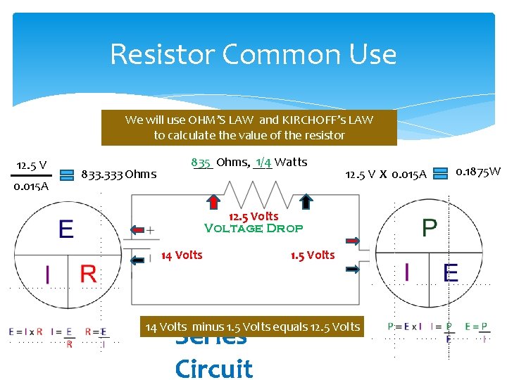 Resistor Common Use We will use OHM’S LAW and KIRCHOFF’s LAW to calculate the