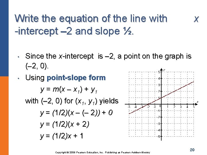 Write the equation of the line with -intercept 2 and slope ½. • •