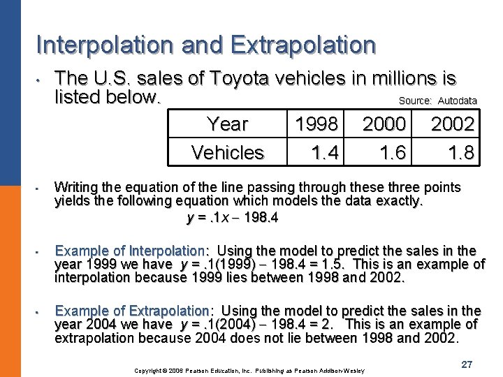 Interpolation and Extrapolation • • The U. S. sales of Toyota vehicles in millions