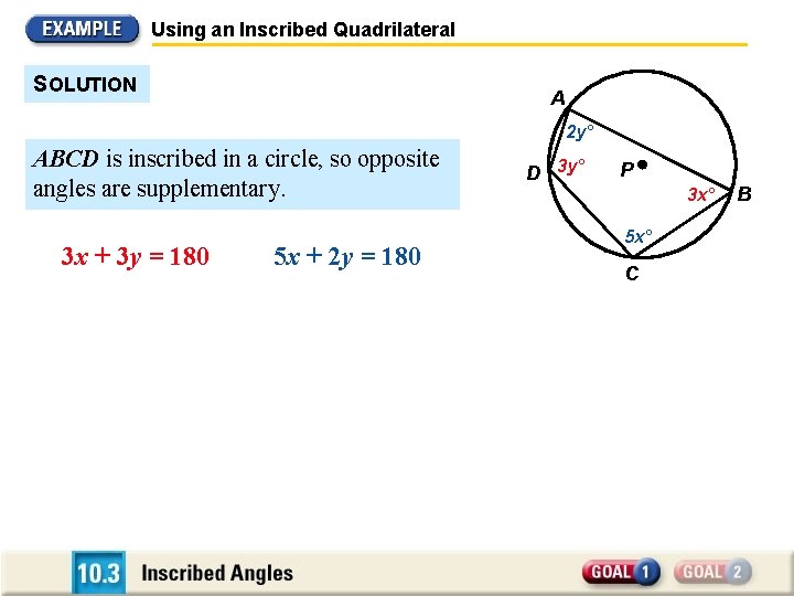 Using an Inscribed Quadrilateral SOLUTION A 2 y ° ABCD is inscribed in a