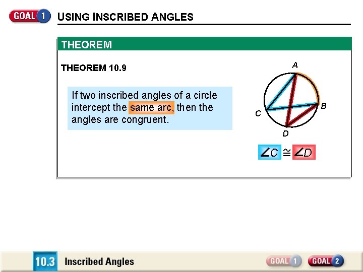 USING INSCRIBED ANGLES THEOREM A THEOREM 10. 9 If two inscribed angles of a