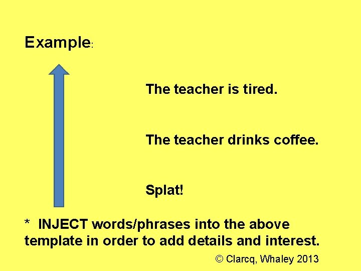 Example: The teacher is tired. The teacher drinks coffee. Splat! * INJECT words/phrases into