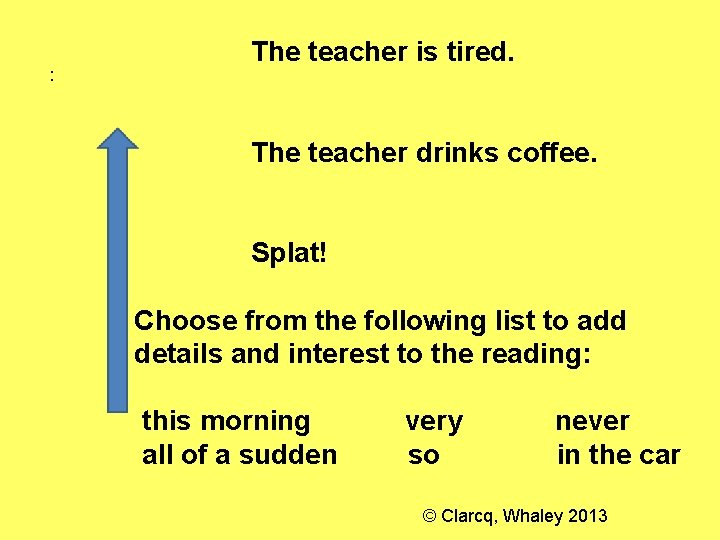 : The teacher is tired. The teacher drinks coffee. Splat! Choose from the following