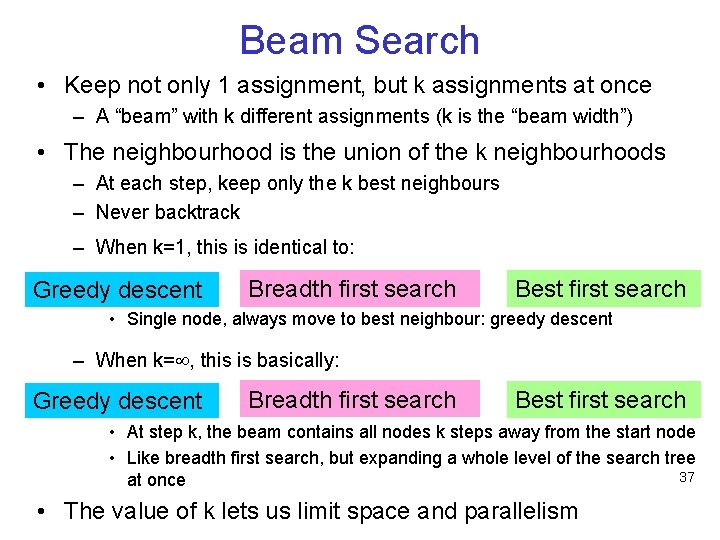 Beam Search • Keep not only 1 assignment, but k assignments at once –