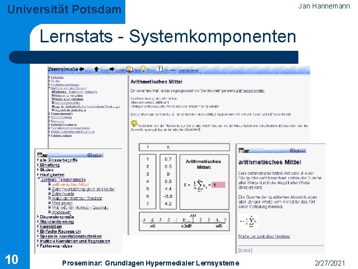 Universität Potsdam Jan Hannemann Lernstats - Systemkomponenten 10 Proseminar: Grundlagen Hypermedialer Lernsysteme 2/27/2021 