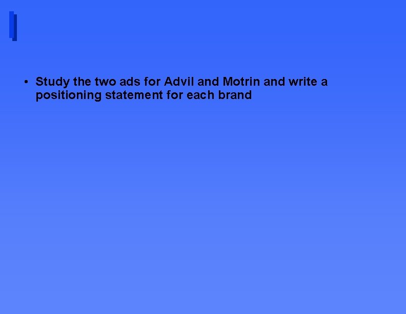  • Study the two ads for Advil and Motrin and write a positioning