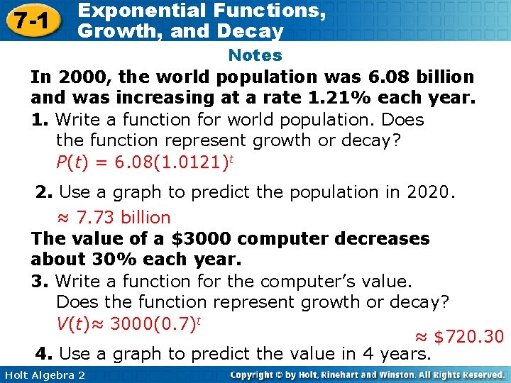 7 -1 Exponential Functions, Growth, and Decay Notes In 2000, the world population was