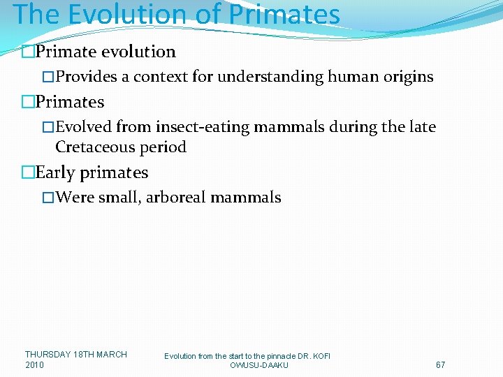 The Evolution of Primates �Primate evolution �Provides a context for understanding human origins �Primates