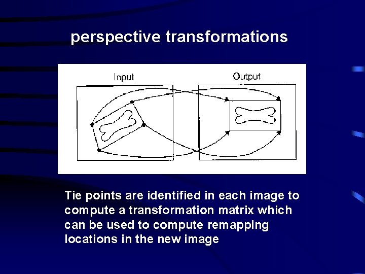 perspective transformations Tie points are identified in each image to compute a transformation matrix