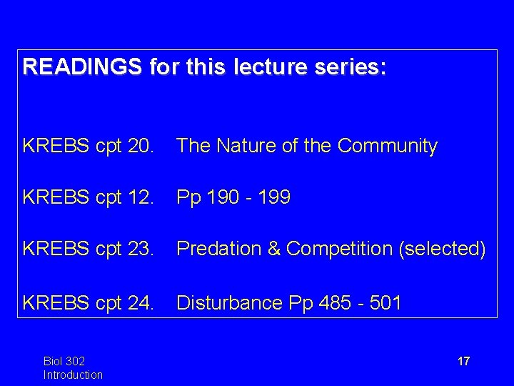 READINGS for this lecture series: KREBS cpt 20. The Nature of the Community KREBS