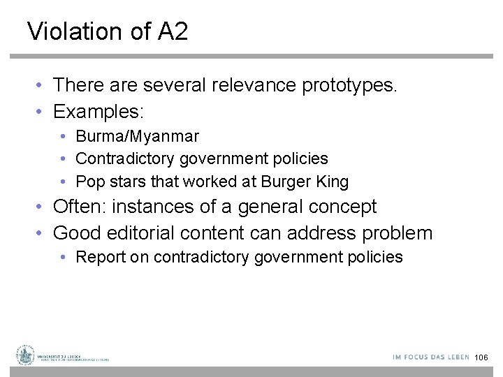 Violation of A 2 • There are several relevance prototypes. • Examples: • Burma/Myanmar