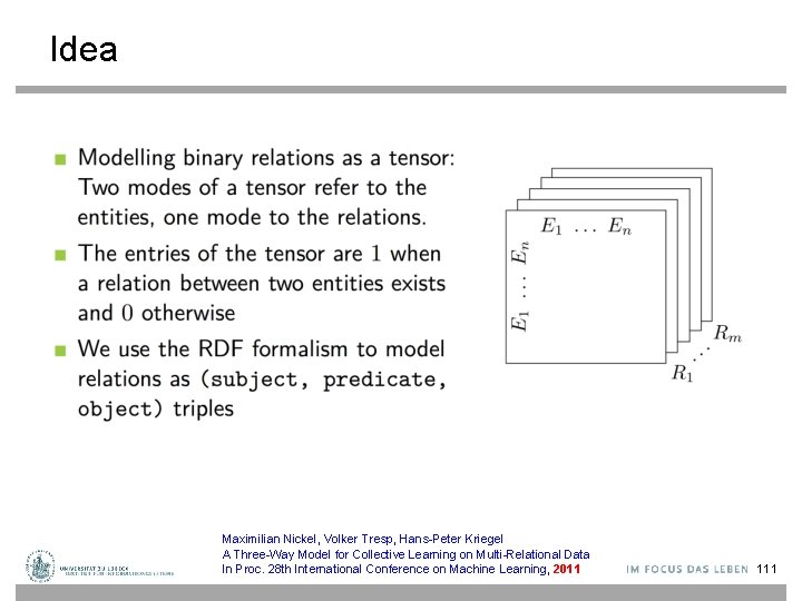 Idea Maximilian Nickel, Volker Tresp, Hans-Peter Kriegel A Three-Way Model for Collective Learning on