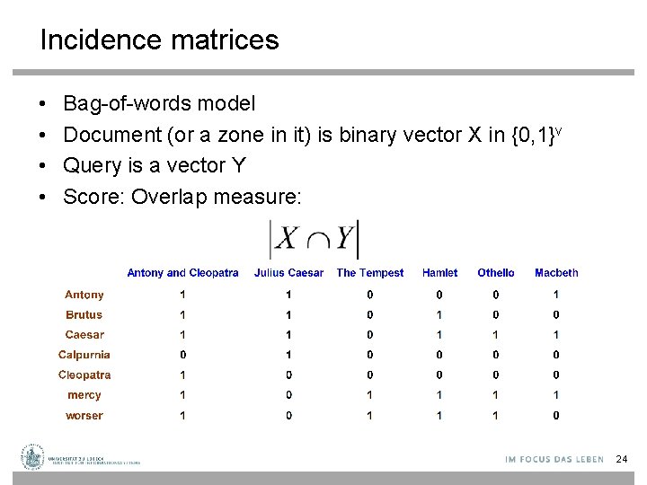 Incidence matrices • • Bag-of-words model Document (or a zone in it) is binary