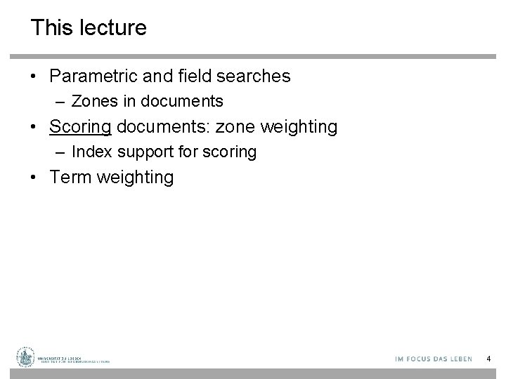 This lecture • Parametric and field searches – Zones in documents • Scoring documents:
