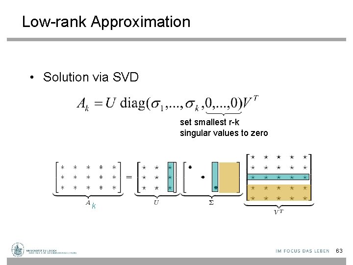 Low-rank Approximation • Solution via SVD set smallest r-k singular values to zero k