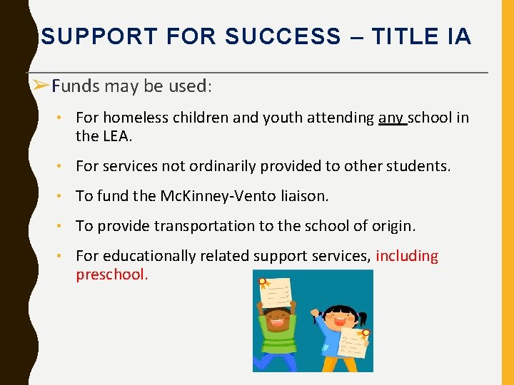 SUPPORT FOR SUCCESS – TITLE IA ➢Funds may be used: • For homeless children