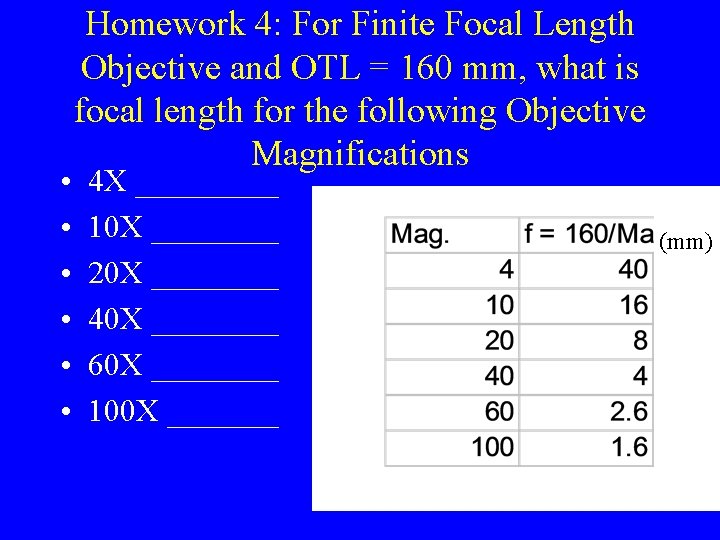 • • • Homework 4: For Finite Focal Length Objective and OTL =