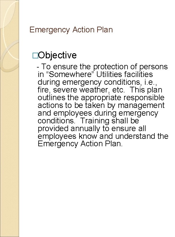 Emergency Action Plan �Objective - To ensure the protection of persons in “Somewhere” Utilities