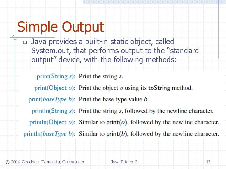 Simple Output q Java provides a built-in static object, called System. out, that performs