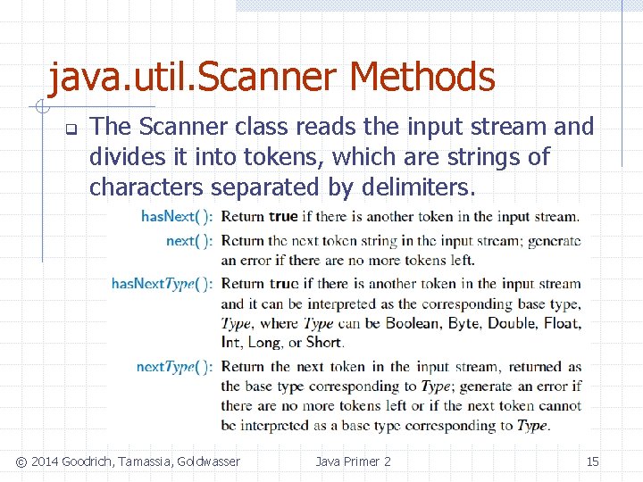 java. util. Scanner Methods q The Scanner class reads the input stream and divides