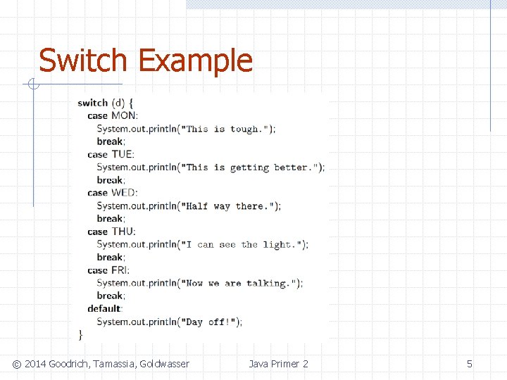 Switch Example © 2014 Goodrich, Tamassia, Goldwasser Java Primer 2 5 