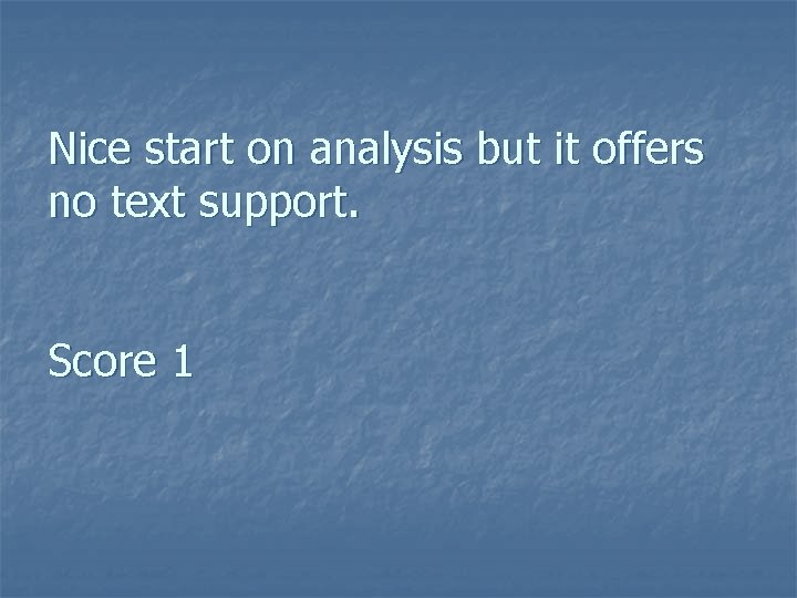 Nice start on analysis but it offers no text support. Score 1 Nice start on analysis but it offers no text support. Score 1