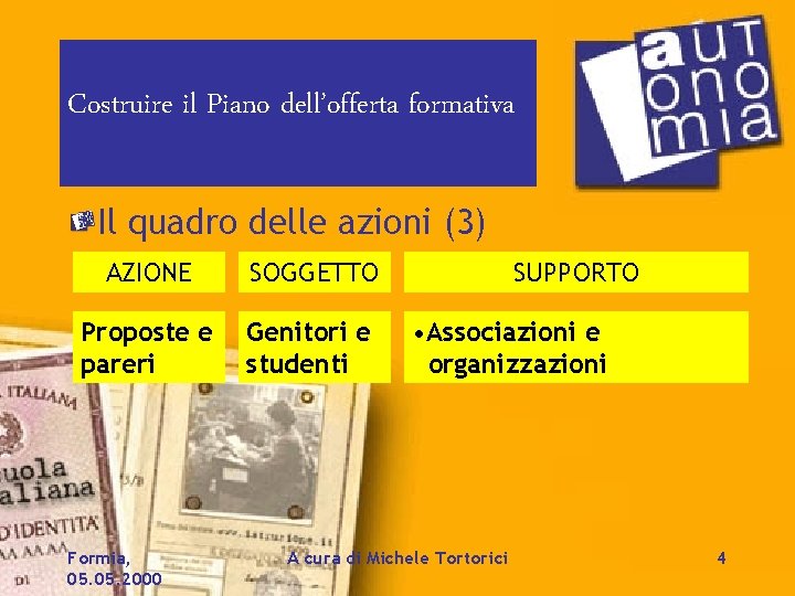 Costruire il Piano dell’offerta formativa Il quadro delle azioni (3) AZIONE SOGGETTO Proposte e