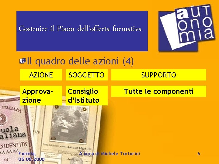 Costruire il Piano dell’offerta formativa Il quadro delle azioni (4) AZIONE Approvazione Formia, 05.