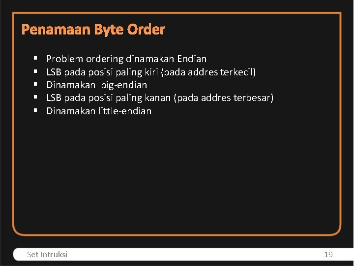 Penamaan Byte Order § § § Problem ordering dinamakan Endian LSB pada posisi paling