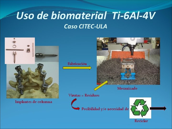 Uso de biomaterial Ti-6 Al-4 V Caso CITEC-ULA Fabricación Mecanizado Virutas = Residuos Implantes