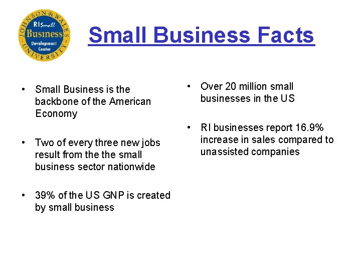 Small Business Facts • Small Business is the backbone of the American Economy •