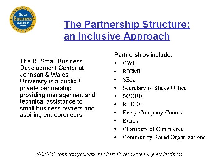 The Partnership Structure; an Inclusive Approach The RI Small Business Development Center at Johnson