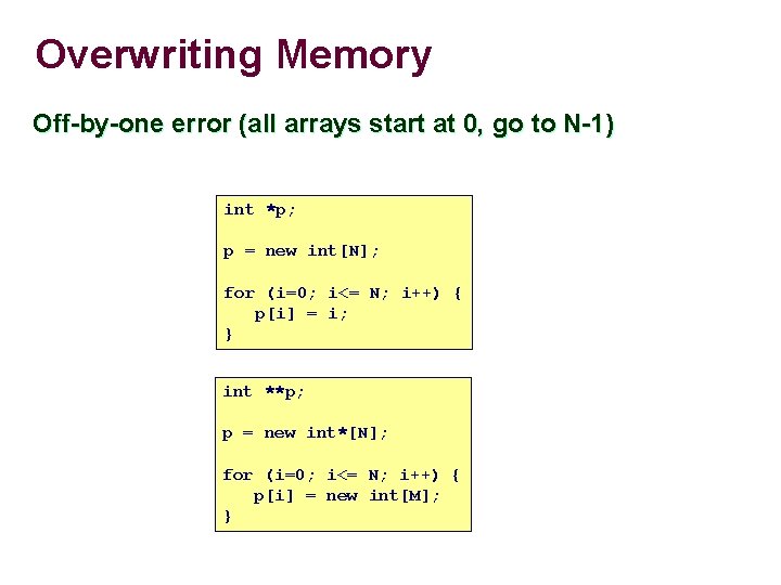Overwriting Memory Off-by-one error (all arrays start at 0, go to N-1) int *p; Overwriting Memory Off-by-one error (all arrays start at 0, go to N-1) int *p;