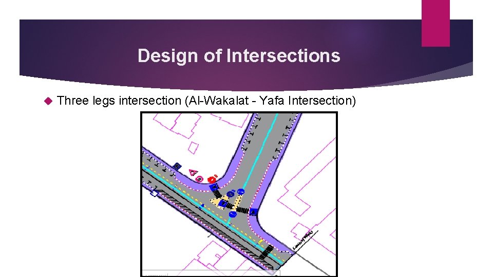 Design of Intersections Three legs intersection (Al-Wakalat - Yafa Intersection) 