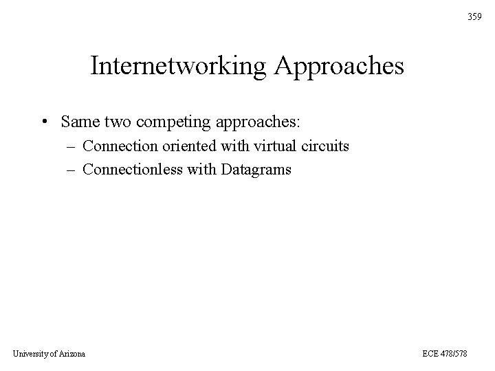 359 Internetworking Approaches • Same two competing approaches: – Connection oriented with virtual circuits