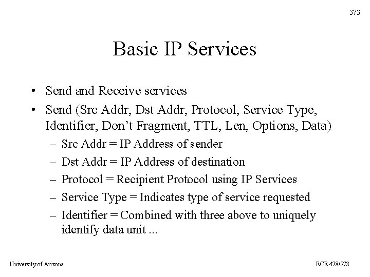 373 Basic IP Services • Send and Receive services • Send (Src Addr, Dst