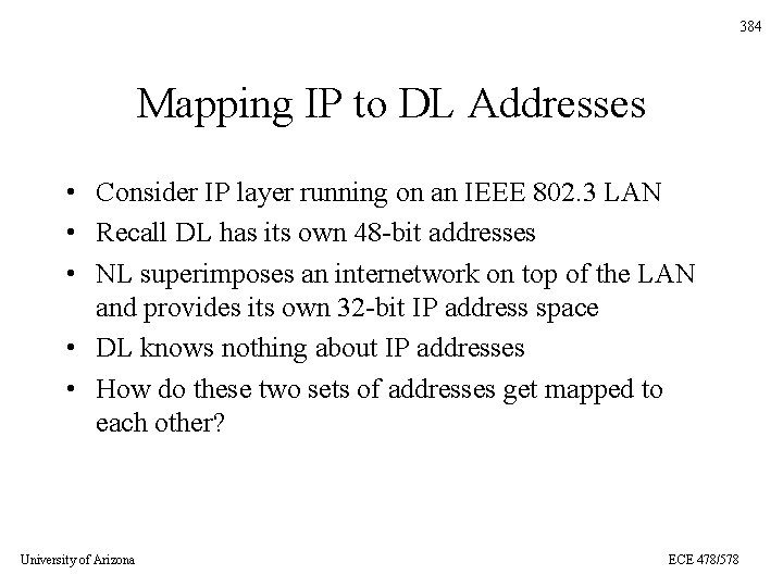 384 Mapping IP to DL Addresses • Consider IP layer running on an IEEE