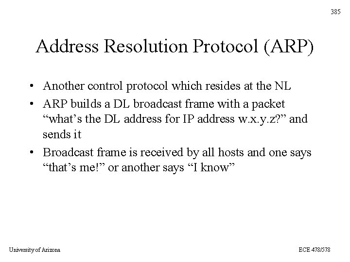 385 Address Resolution Protocol (ARP) • Another control protocol which resides at the NL