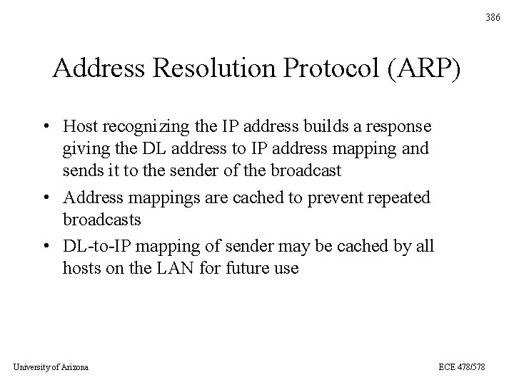 386 Address Resolution Protocol (ARP) • Host recognizing the IP address builds a response