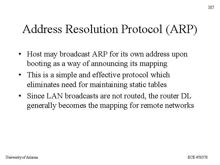 387 Address Resolution Protocol (ARP) • Host may broadcast ARP for its own address