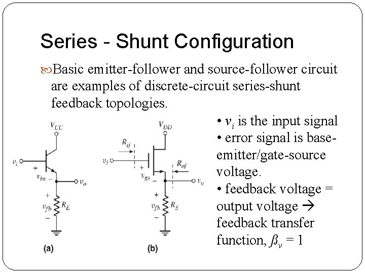 Series - Shunt Configuration Basic emitter-follower and source-follower circuit are examples of discrete-circuit series-shunt Series - Shunt Configuration Basic emitter-follower and source-follower circuit are examples of discrete-circuit series-shunt