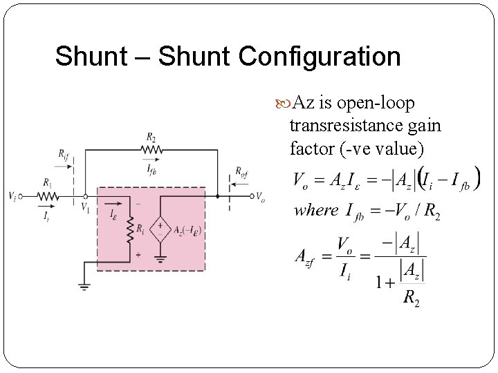 Shunt – Shunt Configuration Az is open-loop transresistance gain factor (-ve value) Shunt – Shunt Configuration Az is open-loop transresistance gain factor (-ve value)