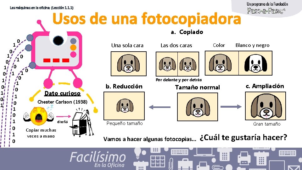 Las máquinas en la oficina: (Lección 1. 1. 1) Usos de una fotocopiadora a.